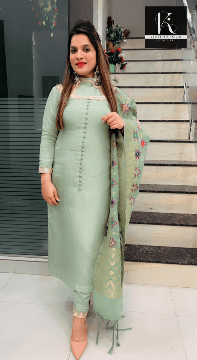 Pistachio Colored Suit with a Contrasting Dupatta - Kirti Kapoor Couture