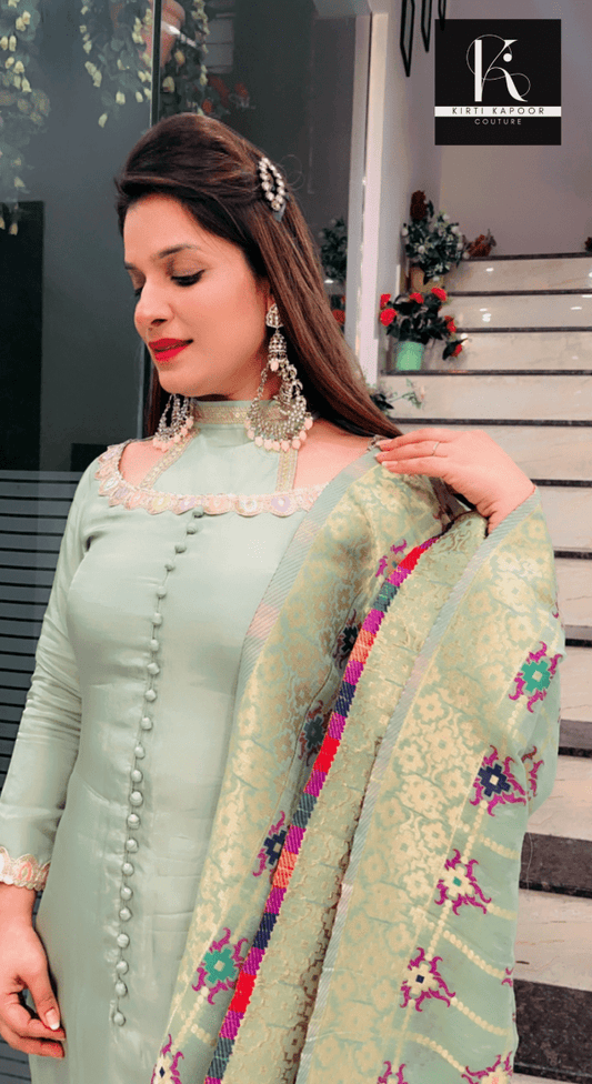 Pistachio Colored Suit with a Contrasting Dupatta - Kirti Kapoor Couture