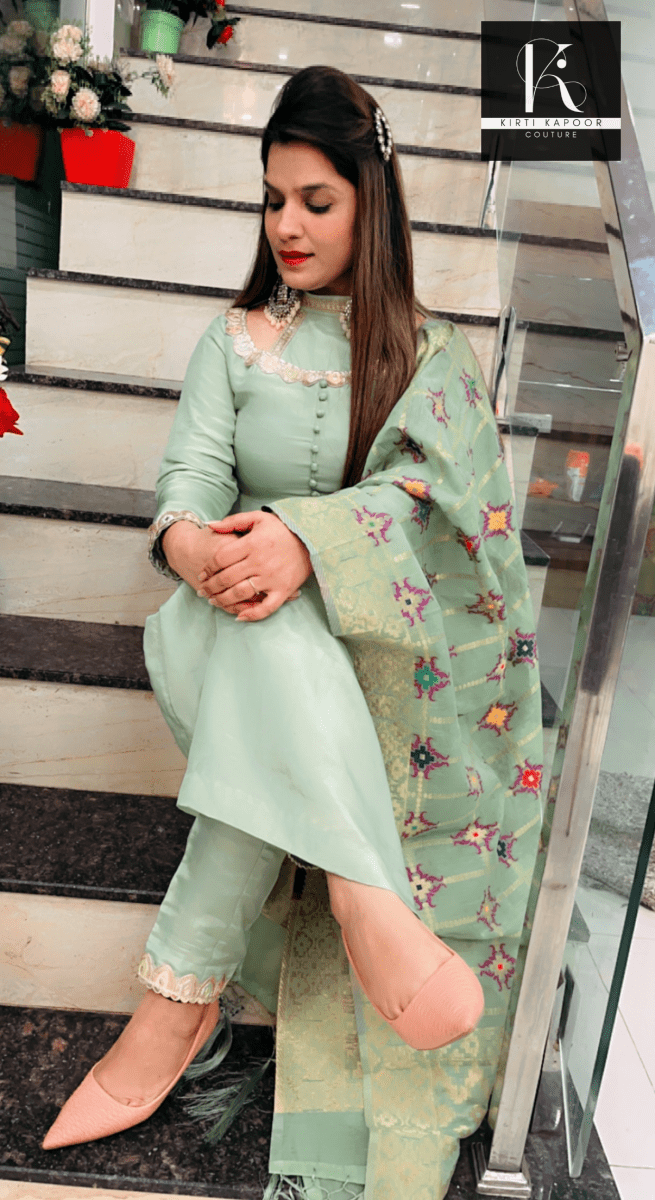 Pistachio Colored Suit with a Contrasting Dupatta - Kirti Kapoor Couture
