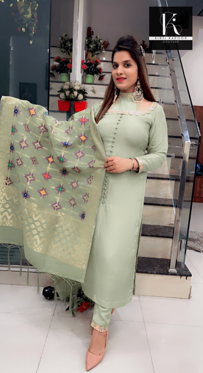 Pistachio Colored Suit with a Contrasting Dupatta - Kirti Kapoor Couture