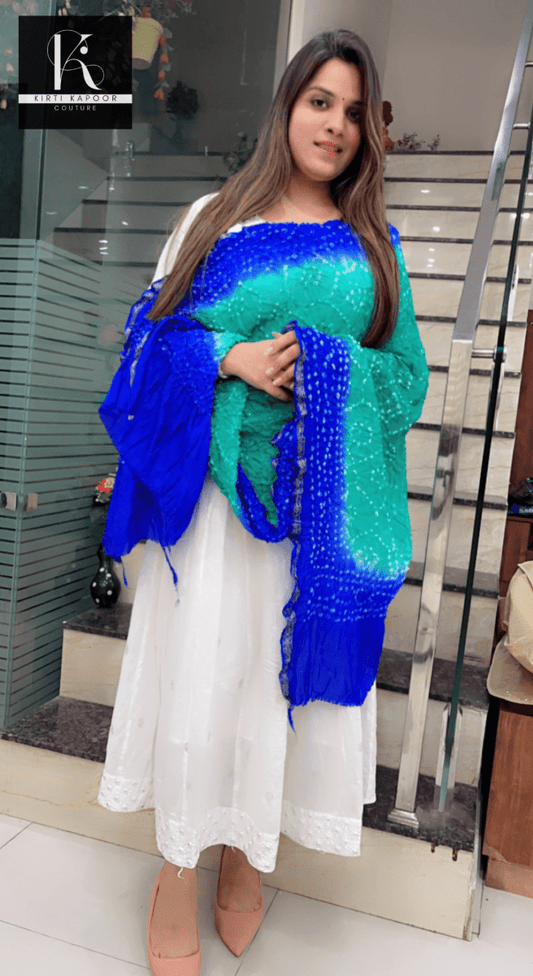 Printed Bandhani Dupatta (Green and Blue Combination) - Kirti Kapoor Couture