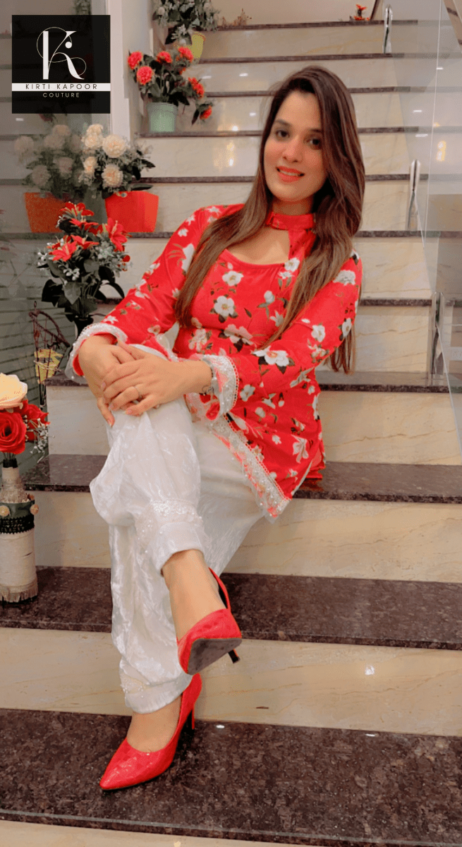 Printed Red Velvet Shirt with Straight Salwar - Kirti Kapoor Couture