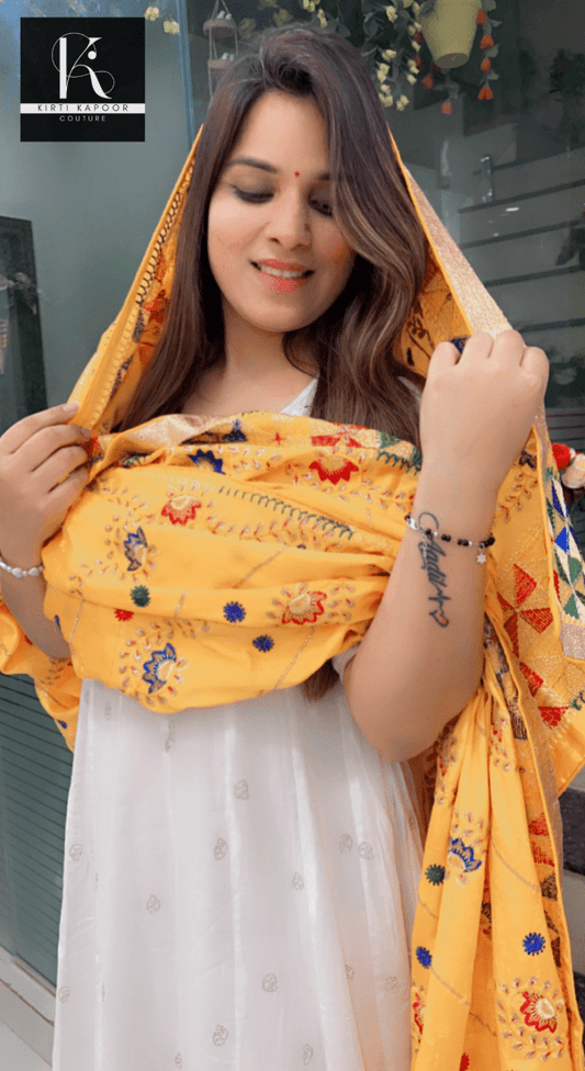 Pure Chiffon Phulkari Dupatta in Bright Yellow Color - Kirti Kapoor Couture