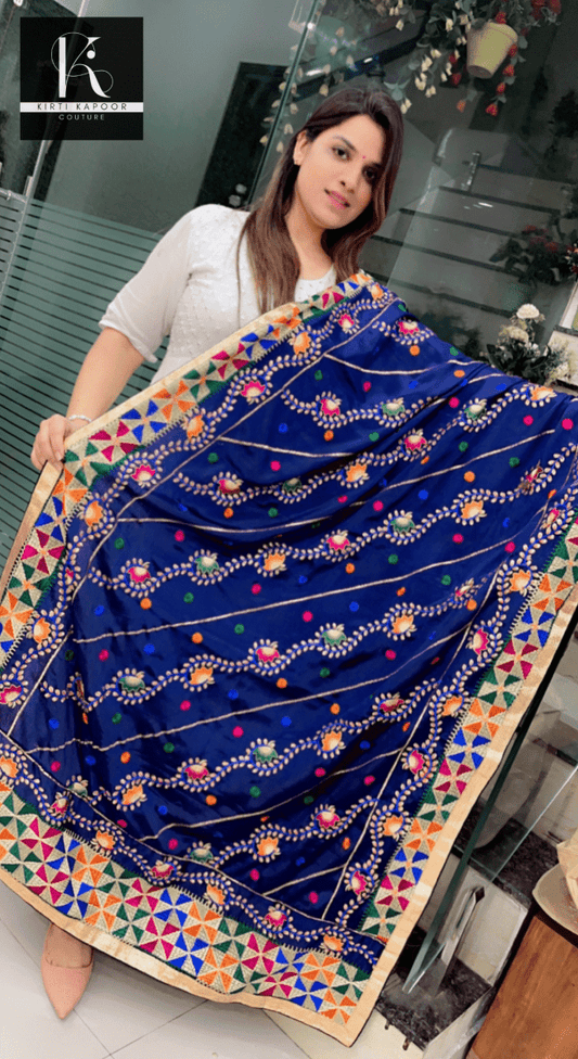 Pure Chiffon Phulkari Dupatta in Dark Blue Color - Kirti Kapoor Couture