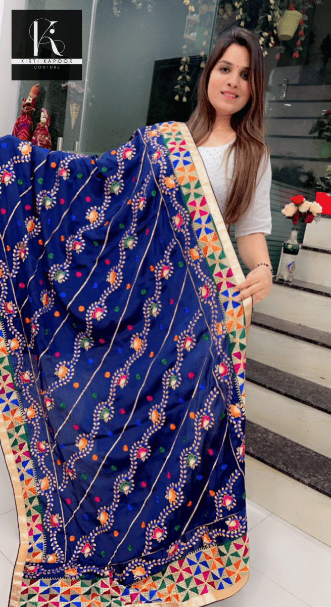 Pure Chiffon Phulkari Dupatta in Dark Blue Color - Kirti Kapoor Couture