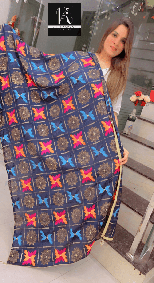 Pure Chiffon Phulkari Dupatta in Navy Blue Color - Kirti Kapoor Couture