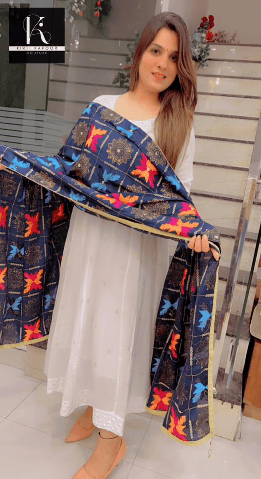 Pure Chiffon Phulkari Dupatta in Navy Blue Color - Kirti Kapoor Couture