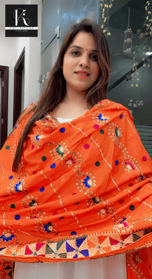 Pure Chiffon Phulkari Dupatta in Orange Color - Kirti Kapoor Couture