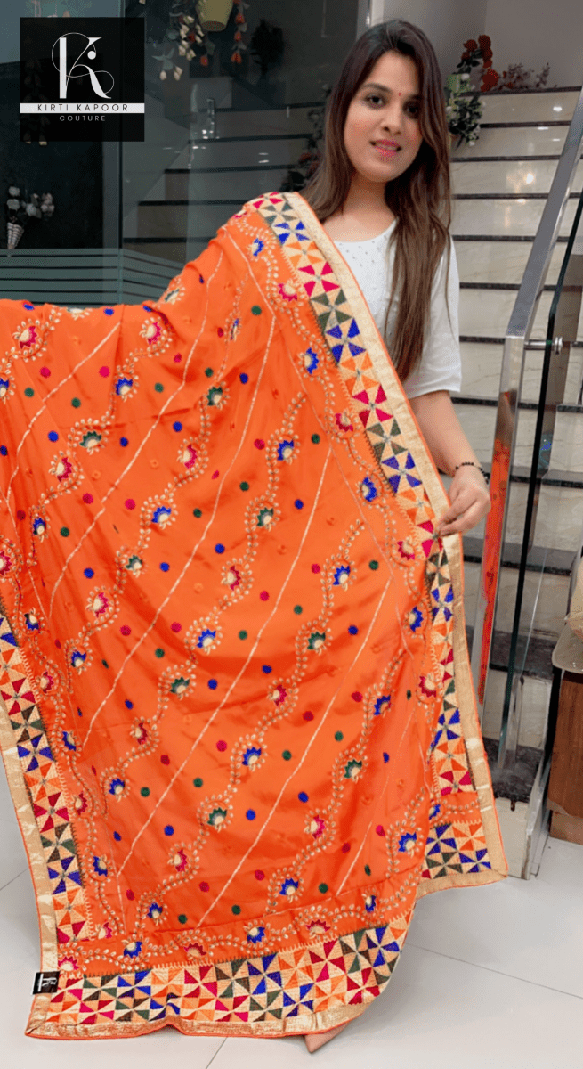 Pure Chiffon Phulkari Dupatta in Orange Color - Kirti Kapoor Couture