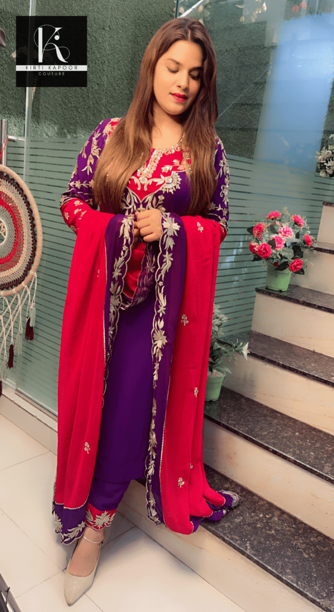 Purple and Magenta Embroidered Suit with worked Dupatta - Kirti Kapoor Couture