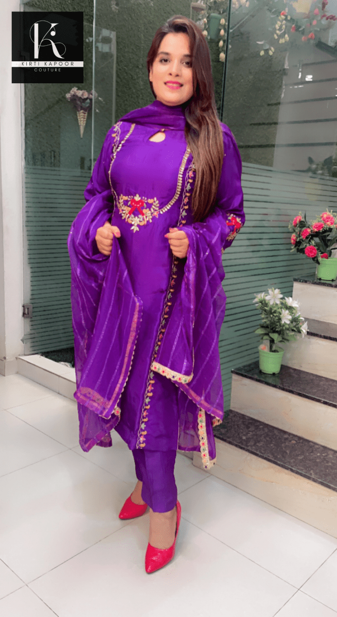 Purple Hand - Embroidered Suit with Organza Sequence Dupatta - Kirti Kapoor Couture