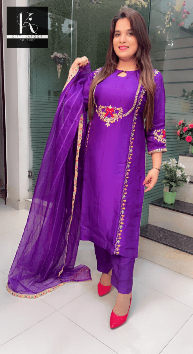 Purple Hand - Embroidered Suit with Organza Sequence Dupatta - Kirti Kapoor Couture