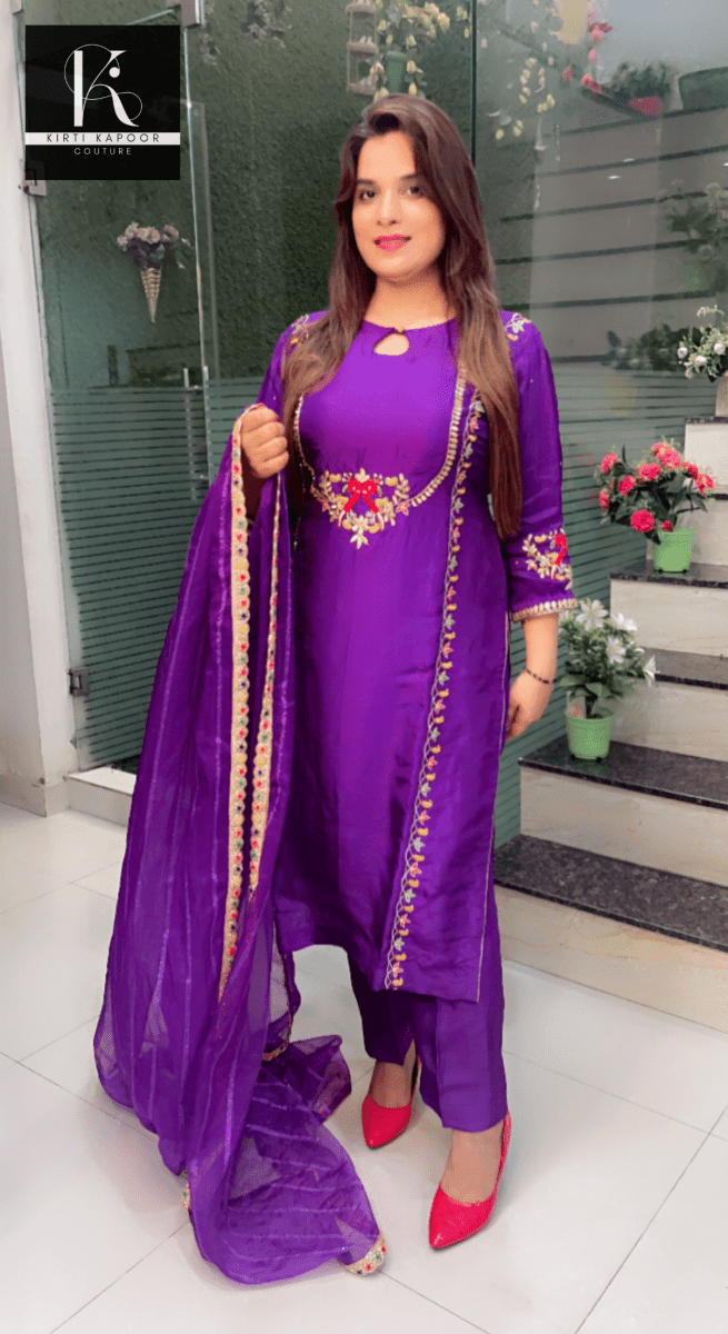Purple Hand - Embroidered Suit with Organza Sequence Dupatta - Kirti Kapoor Couture