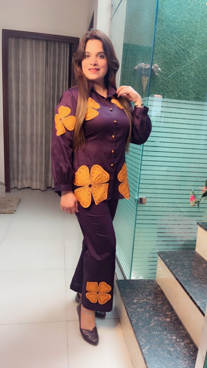 Purple & Orange Embroidered Patch - Work Co - ord Set - Kirti Kapoor Couture