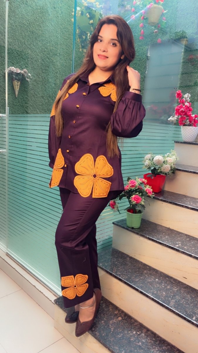 Purple & Orange Embroidered Patch - Work Co - ord Set - Kirti Kapoor Couture