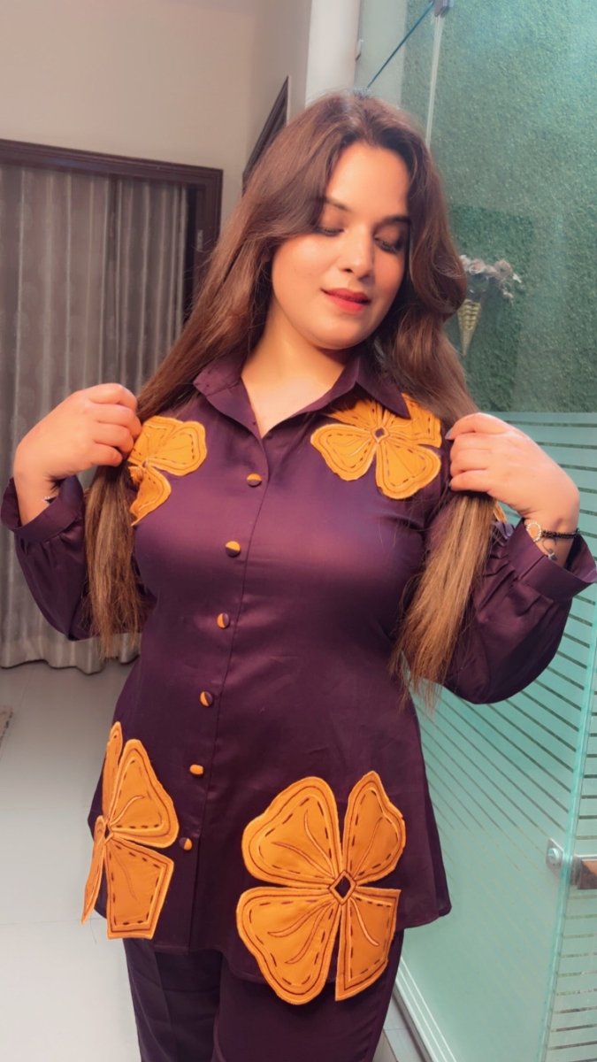 Purple & Orange Embroidered Patch - Work Co - ord Set - Kirti Kapoor Couture