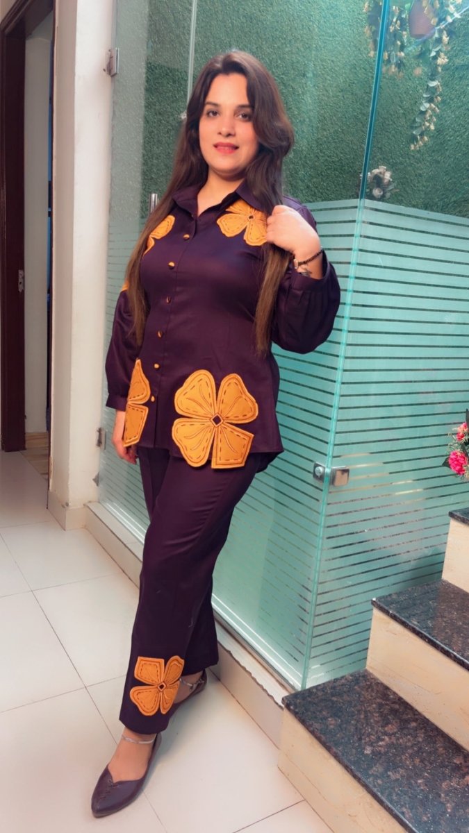 Purple & Orange Embroidered Patch - Work Co - ord Set - Kirti Kapoor Couture
