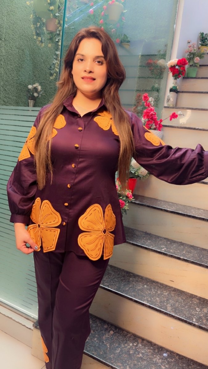 Purple & Orange Embroidered Patch - Work Co - ord Set - Kirti Kapoor Couture