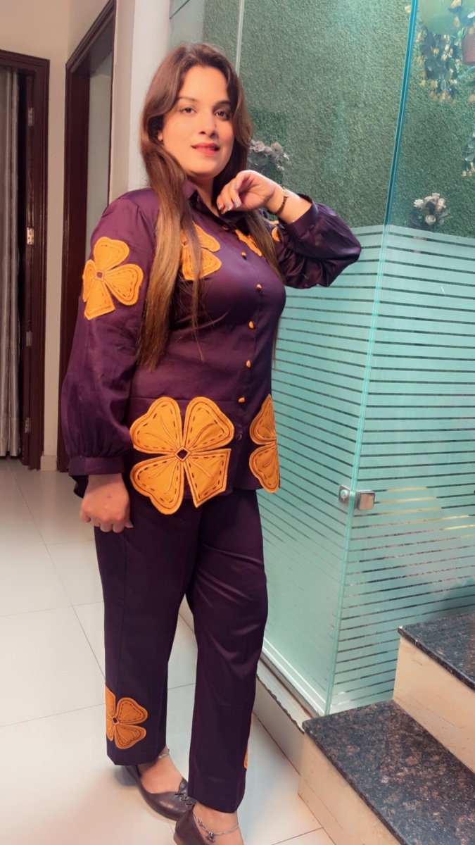 Purple & Orange Embroidered Patch - Work Co - ord Set - Kirti Kapoor Couture