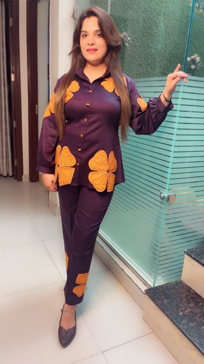 Purple & Orange Embroidered Patch - Work Co - ord Set - Kirti Kapoor Couture