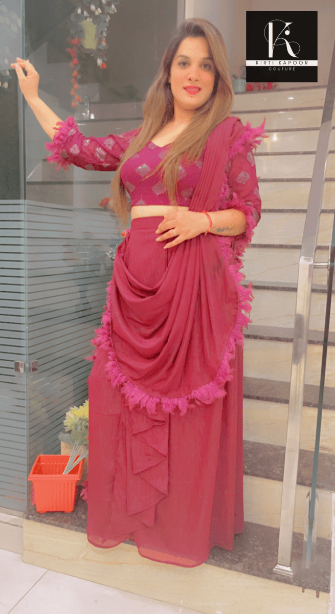 Purple Saree with Overall Feather Lacework - Kirti Kapoor Couture