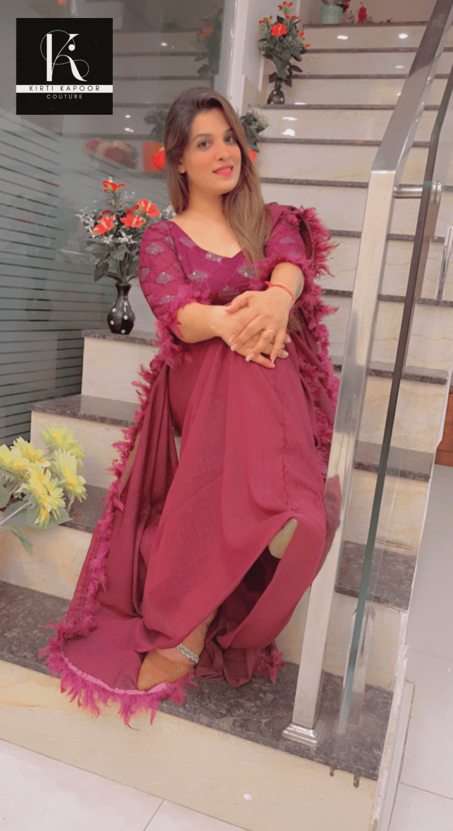 Purple Saree with Overall Feather Lacework - Kirti Kapoor Couture