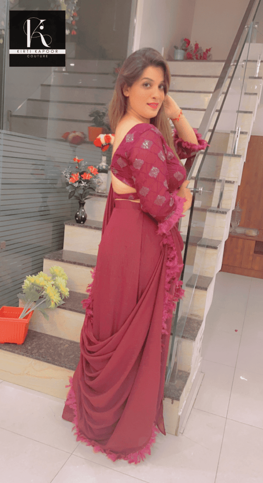 Purple Saree with Overall Feather Lacework - Kirti Kapoor Couture