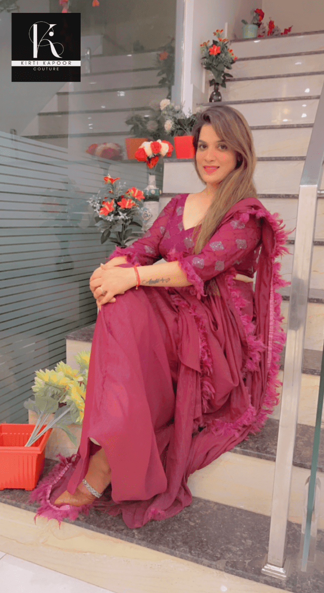 Purple Saree with Overall Feather Lacework - Kirti Kapoor Couture