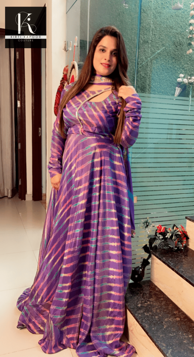 Purple Shimmer Leheriya (Wavy) Gown with Dupatta - Kirti Kapoor Couture