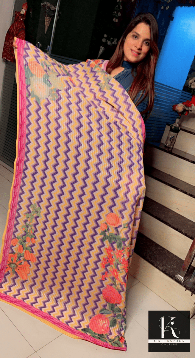 Purple - Yellow Wavy Pattern Dupatta - Kirti Kapoor Couture