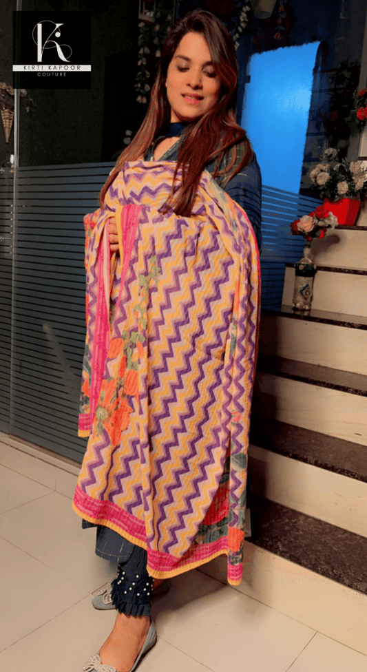 Purple - Yellow Wavy Pattern Dupatta - Kirti Kapoor Couture