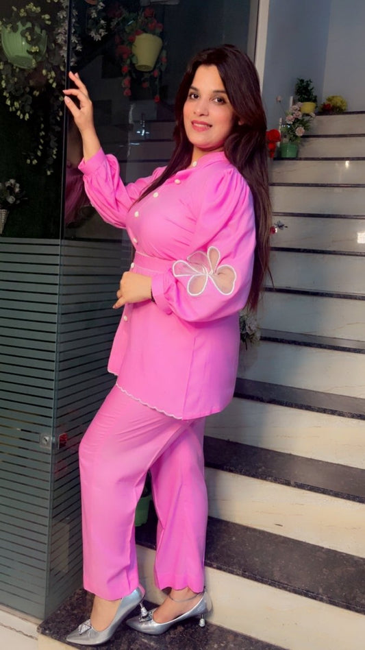 Rayon Cotton Co - ord Set with Embroidered Organza Flowers - Kirti Kapoor Couture