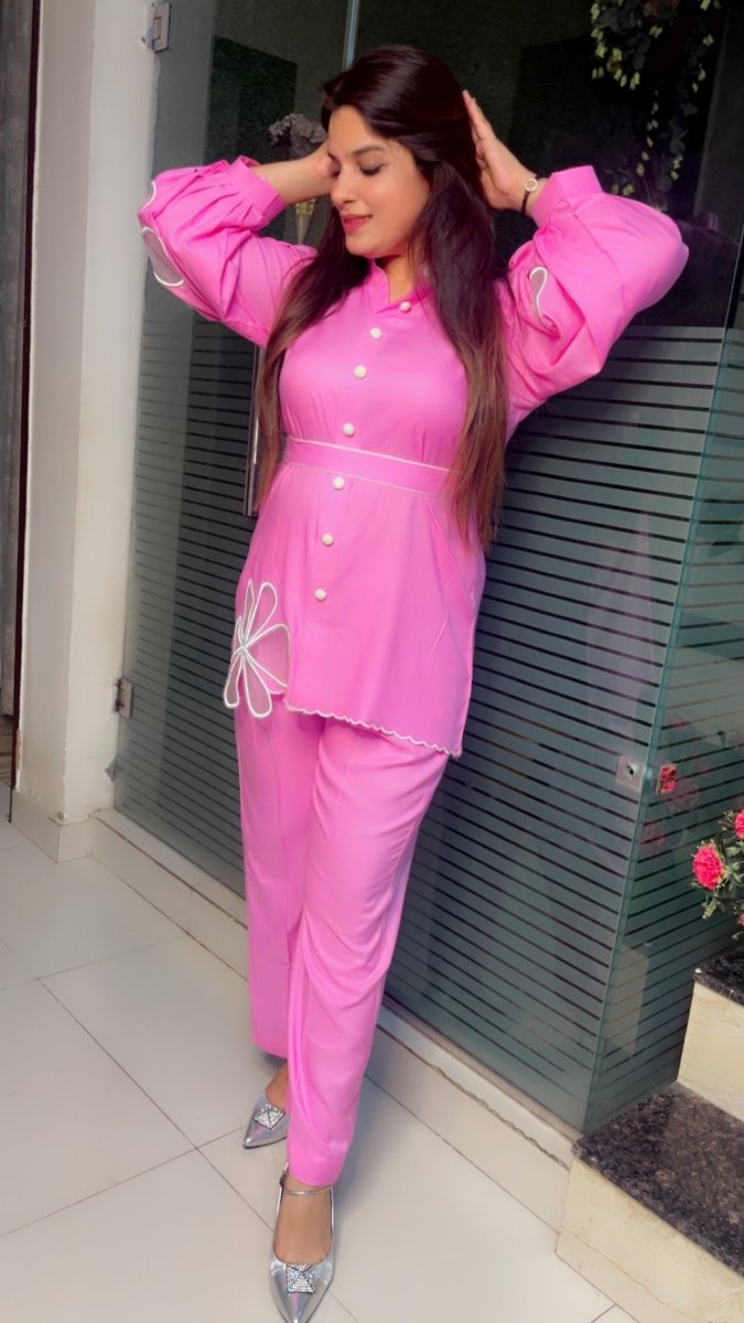 Rayon Cotton Co - ord Set with Embroidered Organza Flowers - Kirti Kapoor Couture