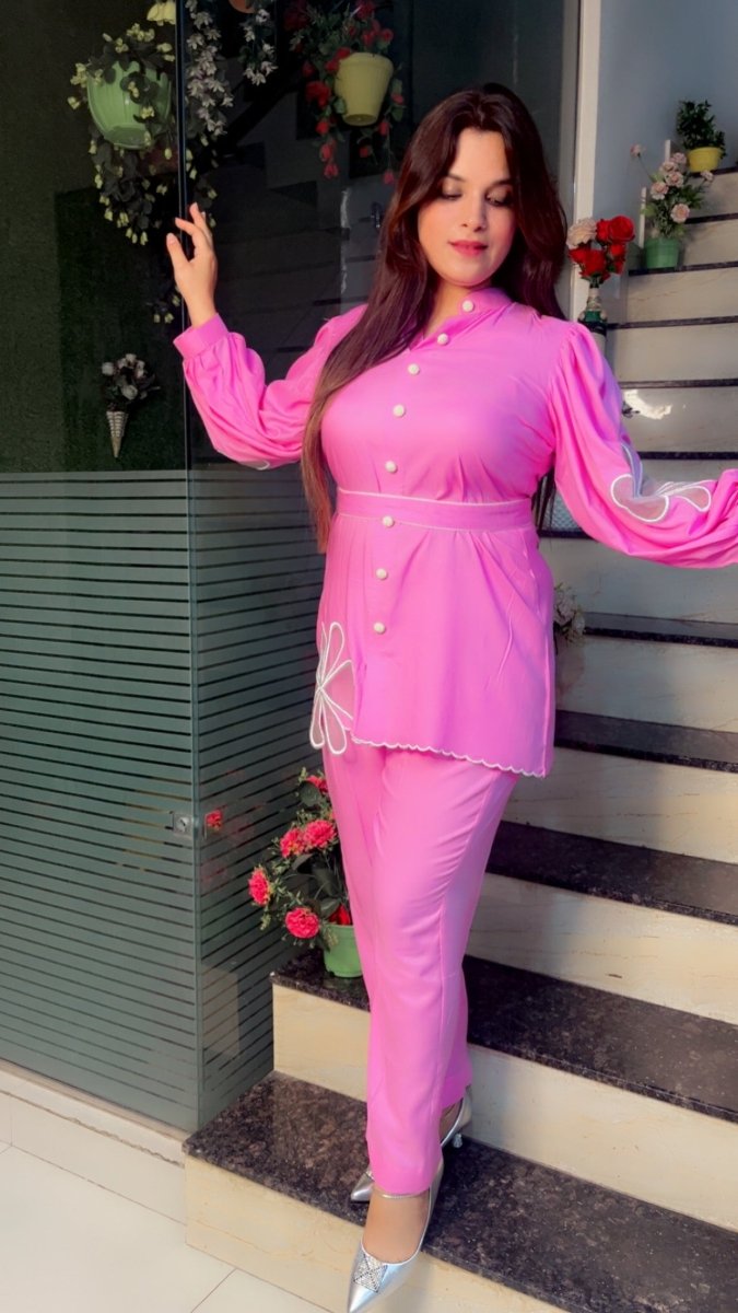 Rayon Cotton Co - ord Set with Embroidered Organza Flowers - Kirti Kapoor Couture