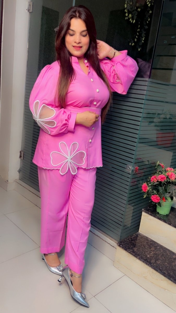 Rayon Cotton Co - ord Set with Embroidered Organza Flowers - Kirti Kapoor Couture