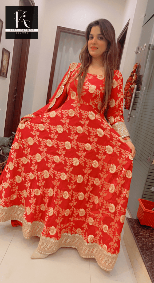 Red Brocade Gown with Heavy Dupatta - Kirti Kapoor Couture