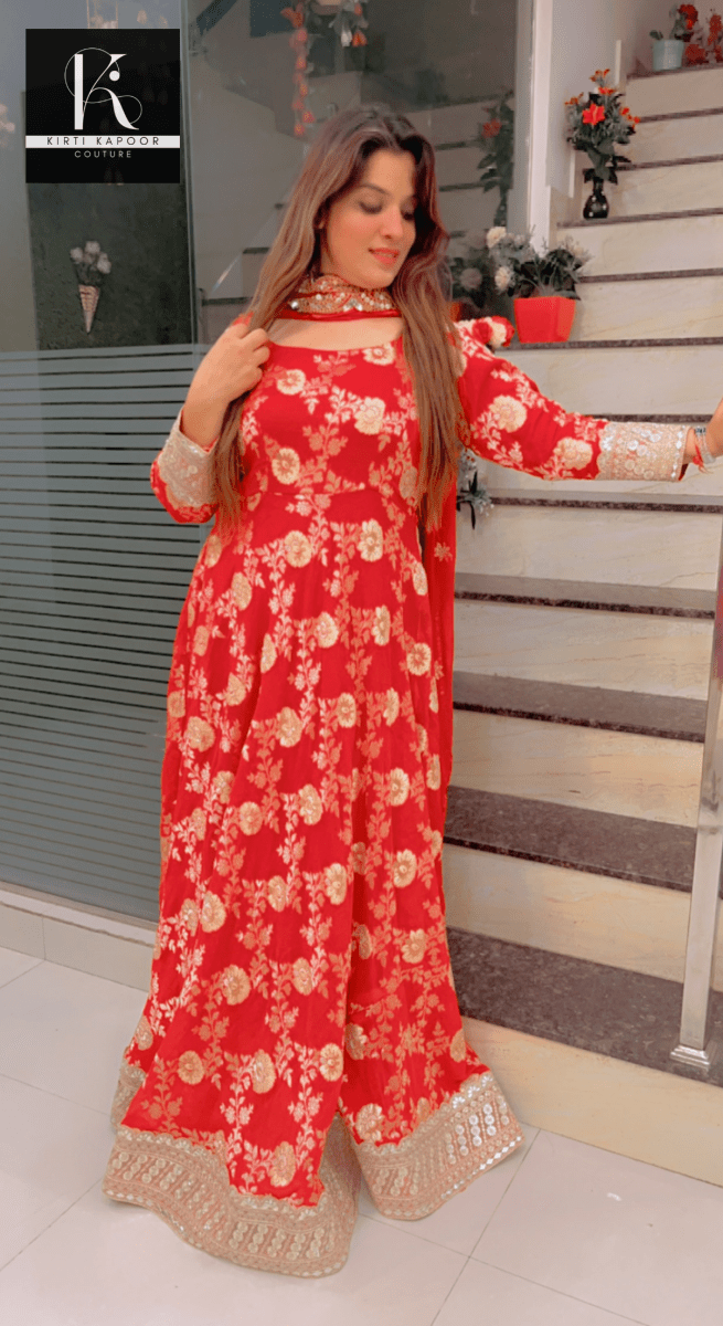 Red Brocade Gown with Heavy Dupatta - Kirti Kapoor Couture