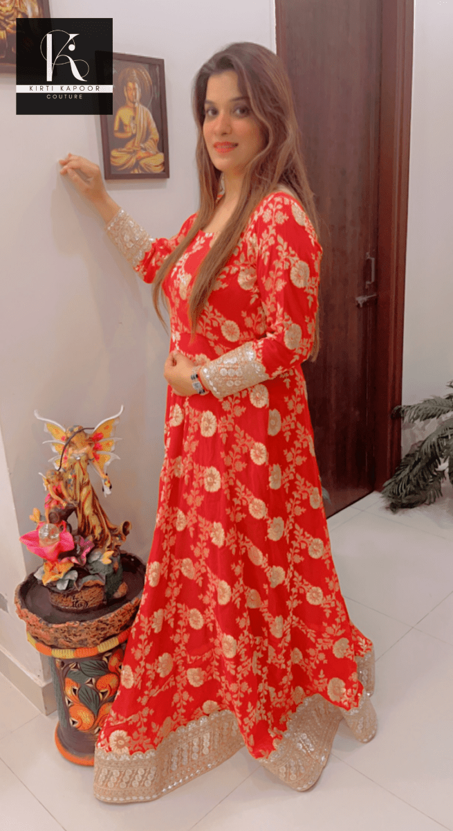 Red Brocade Gown with Heavy Dupatta - Kirti Kapoor Couture