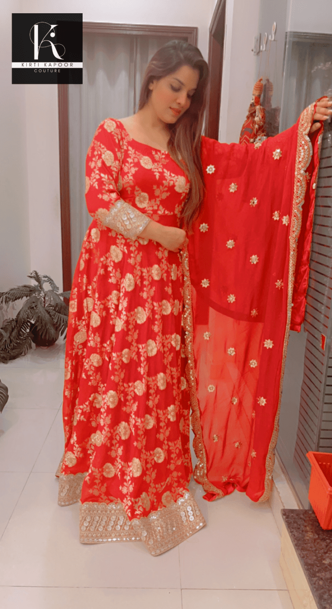 Red Brocade Gown with Heavy Dupatta - Kirti Kapoor Couture