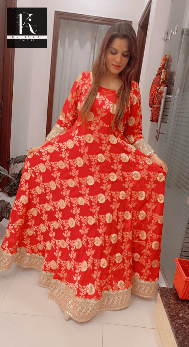 Red Brocade Gown with Heavy Dupatta - Kirti Kapoor Couture