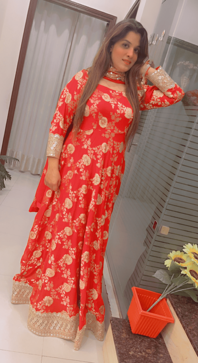 Red Brocade Gown with Heavy Dupatta - Kirti Kapoor Couture