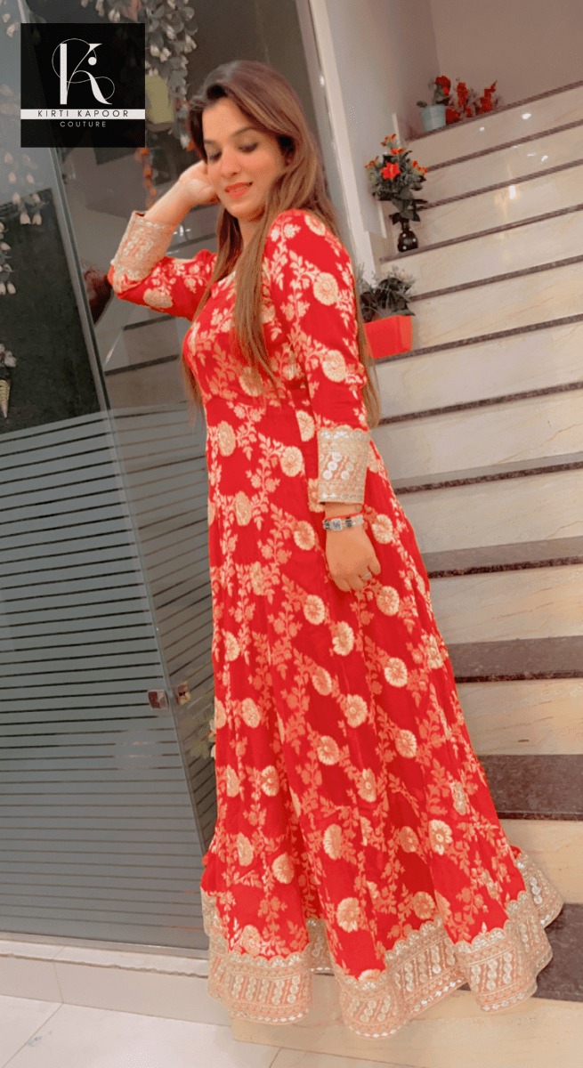 Red Brocade Gown with Heavy Dupatta - Kirti Kapoor Couture