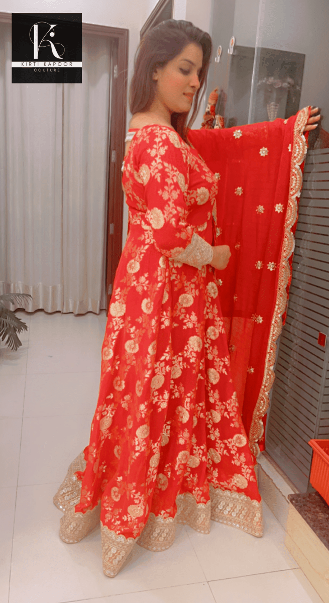 Red Brocade Gown with Heavy Dupatta - Kirti Kapoor Couture