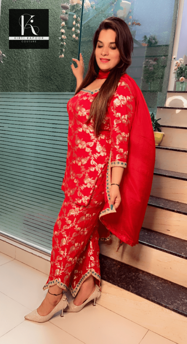 Red Brocade Suit with Cyan - Blue Embroidered Lace - Work - Kirti Kapoor Couture