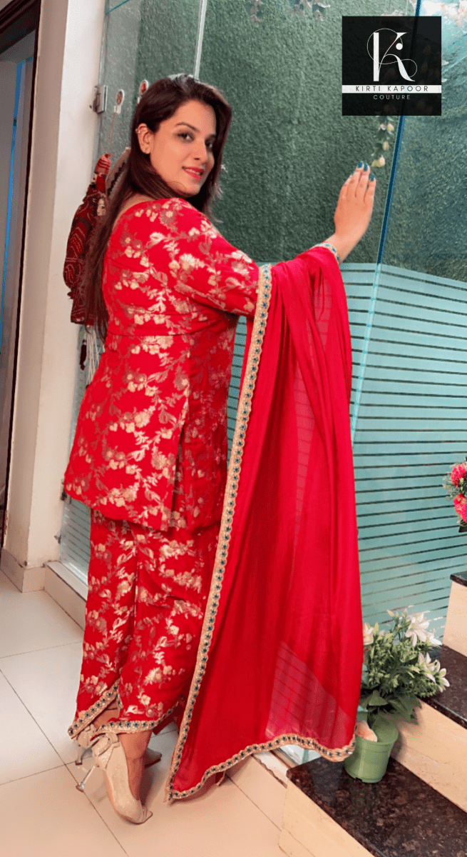 Red Brocade Suit with Cyan - Blue Embroidered Lace - Work - Kirti Kapoor Couture