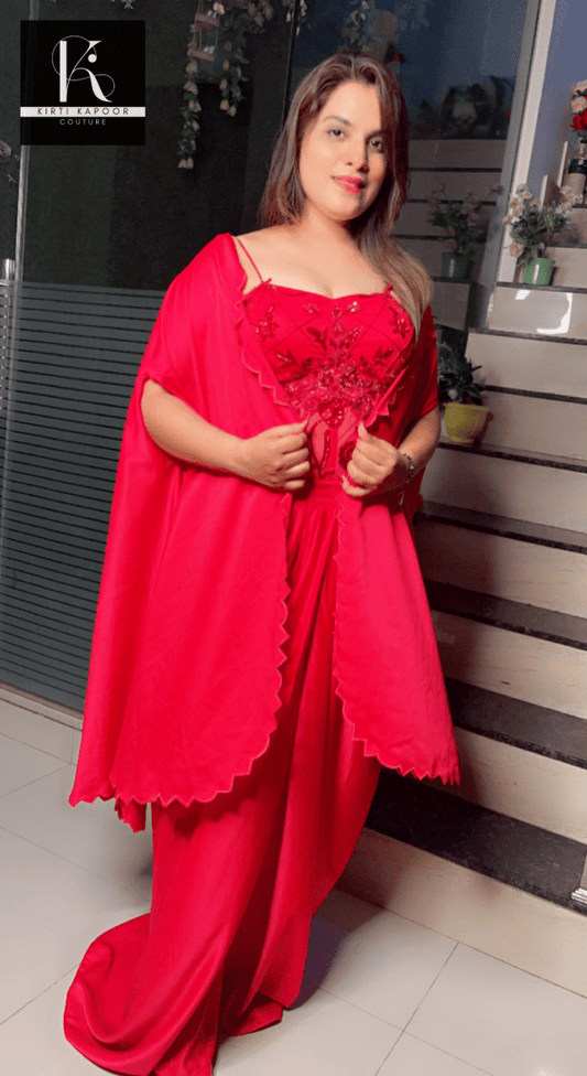 Red Embroidered Drape Dress with Cut - Worked Shrug - Kirti Kapoor Couture