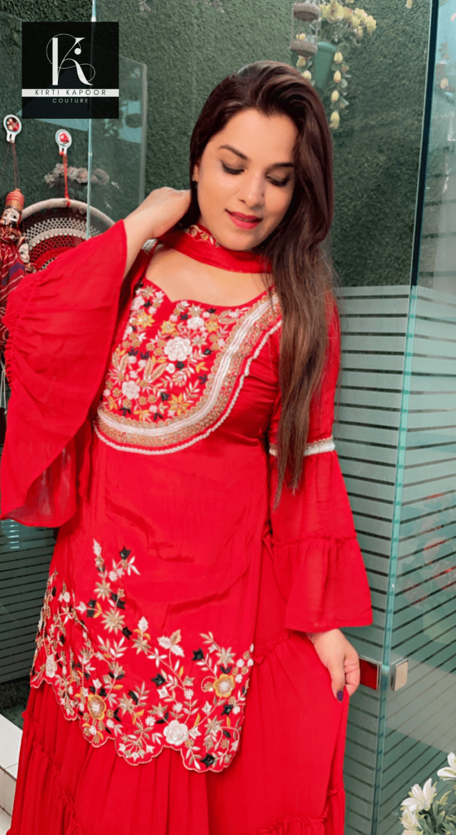 Red Embroidered Gathered Skirt - Shirt with Cut - worked Dupatta - Kirti Kapoor Couture