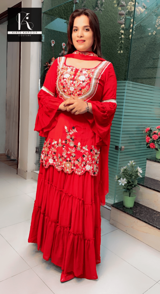 Red Embroidered Gathered Skirt - Shirt with Cut - worked Dupatta - Kirti Kapoor Couture