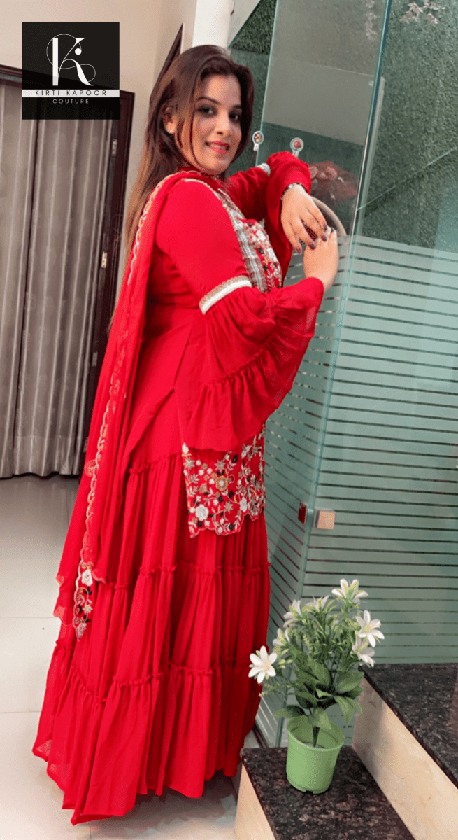 Red Embroidered Gathered Skirt - Shirt with Cut - worked Dupatta - Kirti Kapoor Couture