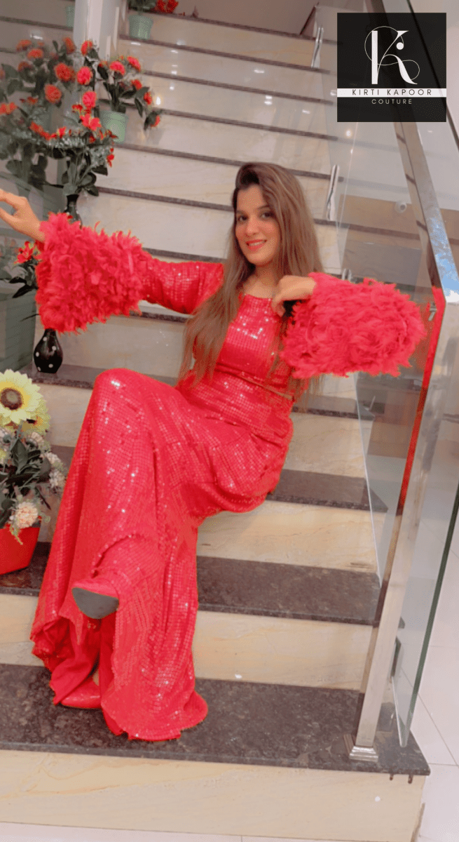 Red Sequence Top With Fish - Cut Skirt - Kirti Kapoor Couture
